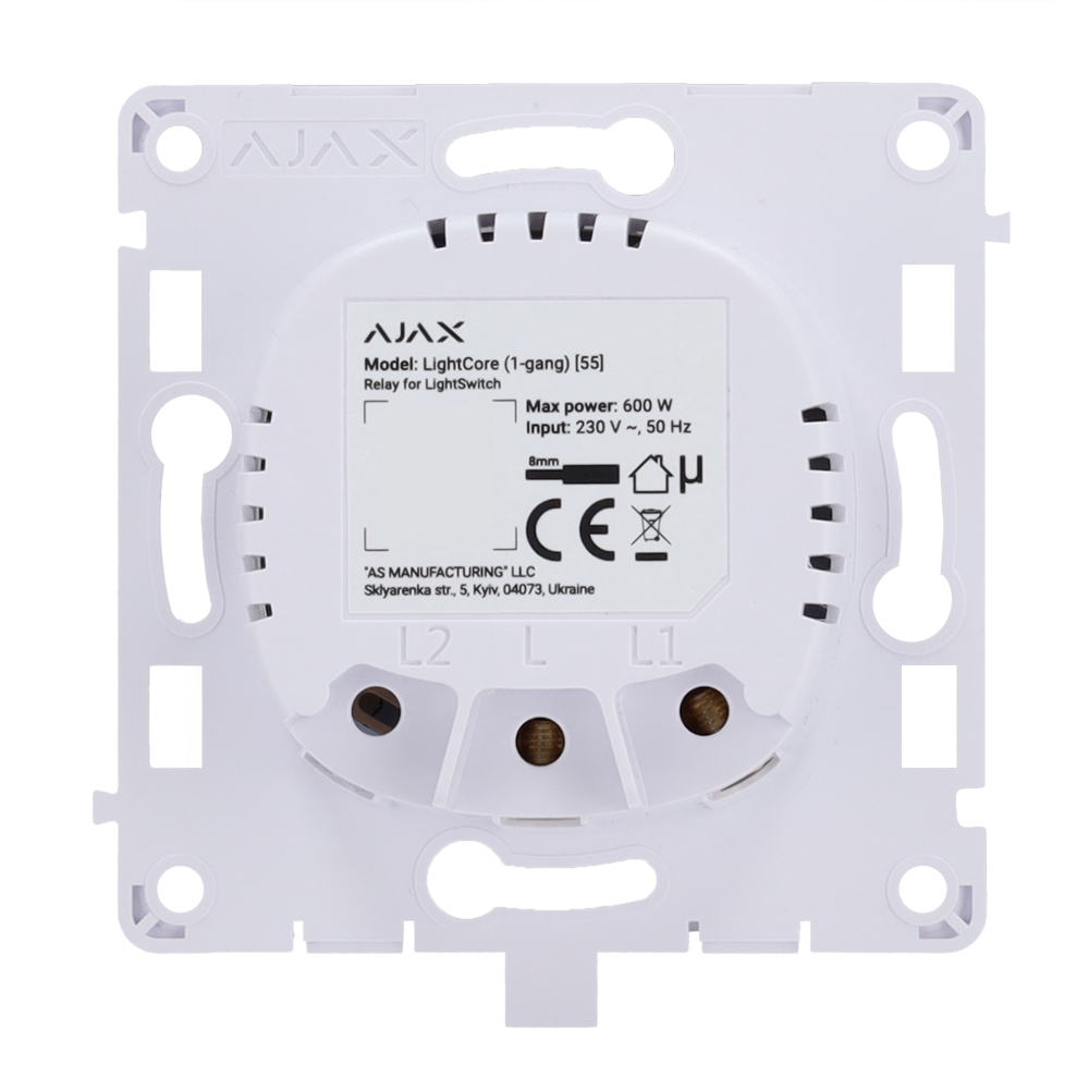 Relè per interruttore smart singolo - Senza fili 868 MHz Jeweller - Range di comunicazione fino a 1100 m - Alimentazione 230 V AC 50 Hz - Non è necessario il neutro - Ajax - LightSwitch LightCore (1 Gang)