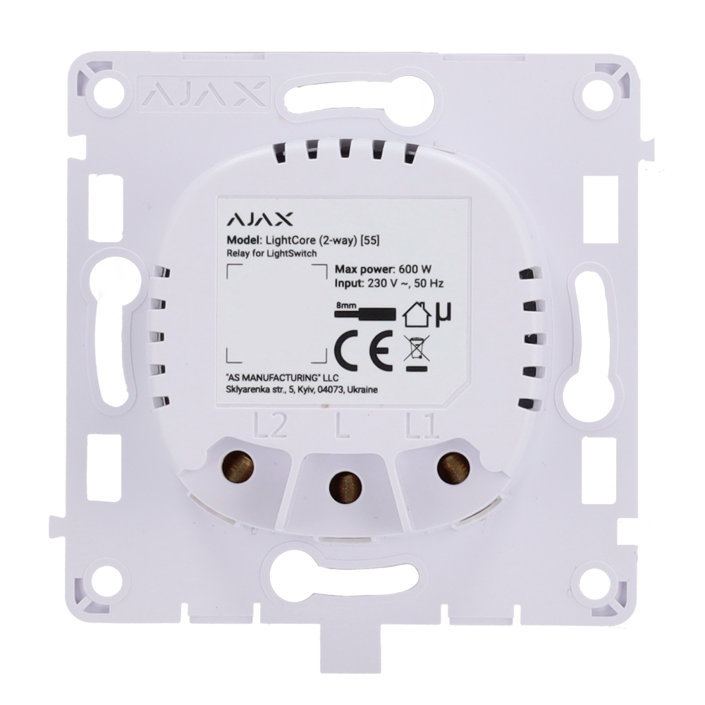Relè per interruttore luce commutabile - Senza fili 868 MHz Jeweller - Range di comunicazione fino a 1100 m - Alimentazione 230 V AC 50 Hz - Non è necessario il neutro - Ajax - LightSwitch LightCore (2 Way)