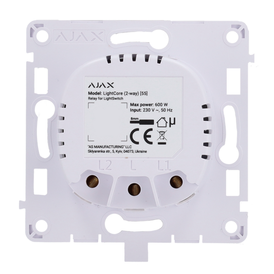 Relè per interruttore luce commutabile - Senza fili 868 MHz Jeweller - Range di comunicazione fino a 1100 m - Alimentazione 230 V AC 50 Hz - Non è necessario il neutro - Ajax - LightSwitch LightCore (2 Way)