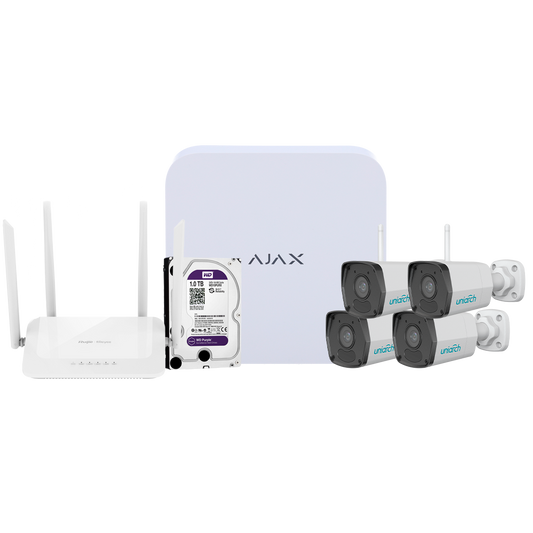 Kit di videosorveglianza Ajax - Videoregistratore Ajax da 8 canali   - 4 telecamere bullet WiFi da 2 Mpx Uniarch - Router WiFi da 4 porte - Hard disk da 1 TB - Integrazione tramite ONVIF