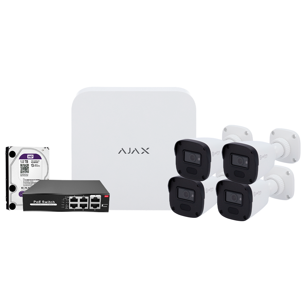 Kit di videosorveglianza Ajax - Videoregistratore Ajax da 8 canali   - 4 telecamere bullet da 4 Mpx Safire Smart  - Switch PoE da 4 canali - Hard disk da 1 TB - Integrazione tramite ONVIF