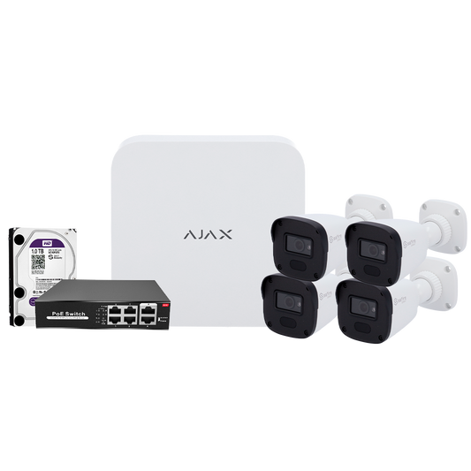 Kit di videosorveglianza Ajax - Videoregistratore Ajax da 8 canali   - 4 telecamere bullet da 4 Mpx Safire Smart  - Switch PoE da 4 canali - Hard disk da 1 TB - Integrazione tramite ONVIF