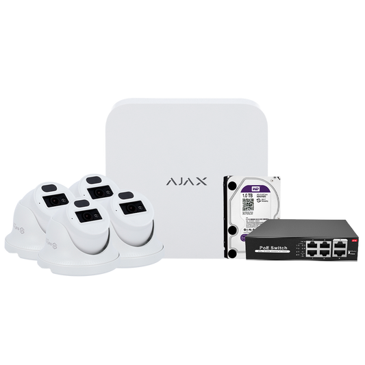 Kit di videosorveglianza Ajax - Videoregistratore Ajax da 8 canali   - 4 telecamere turret da 2 Mpx Safire Smart  - Switch PoE da 4 canali - Hard disk da 1 TB - Integrazione tramite ONVIF