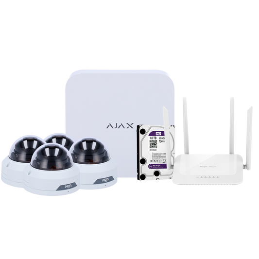 Kit di videosorveglianza Ajax - Videoregistratore Ajax da 8 canali   - 4 telecamere turret WiFi da 2 Mpx Uniview - Router WiFi da 4 porte - Hard disk da 1 TB - Integrazione tramite ONVIF