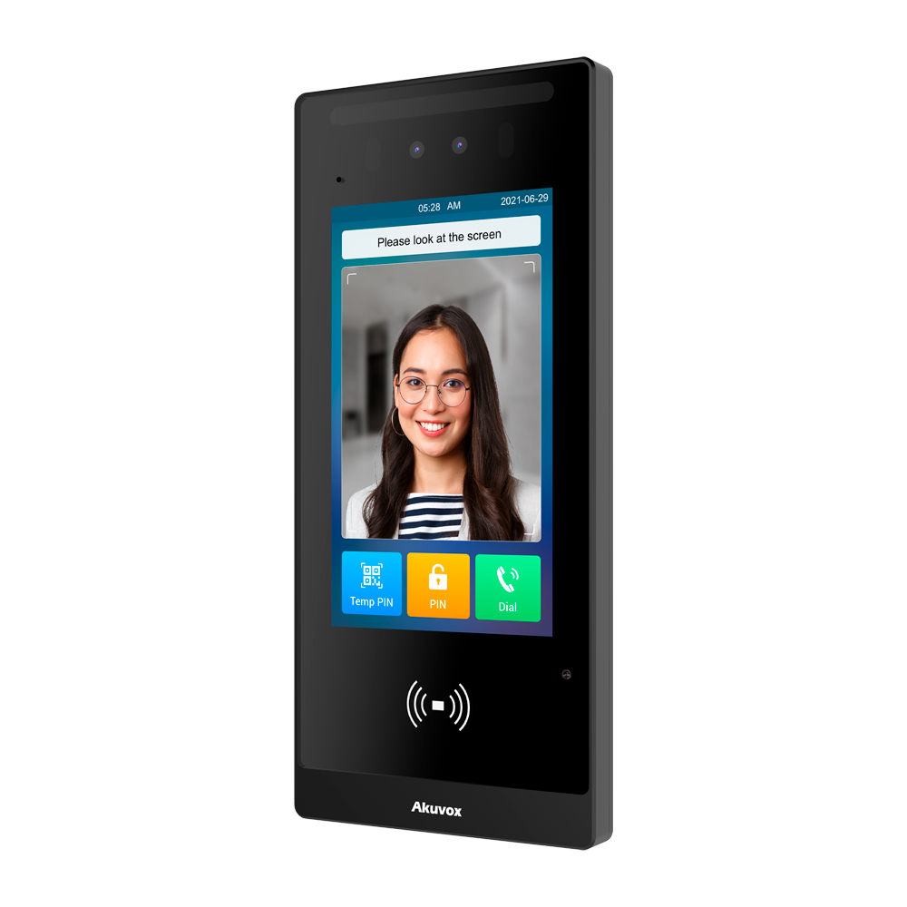 Pulsantiera Videocitofono Ip Akuvox AK-E18C con controllo accessiTelecamera 2 Mp | Audio bidirezionale Crystal ClearRiconoscimento facciale, scheda, NFC, BLE, QR e PIN | 2 relè20.000 utenti | PoE, SIP standardSchermo touch screen IPS da 7" 