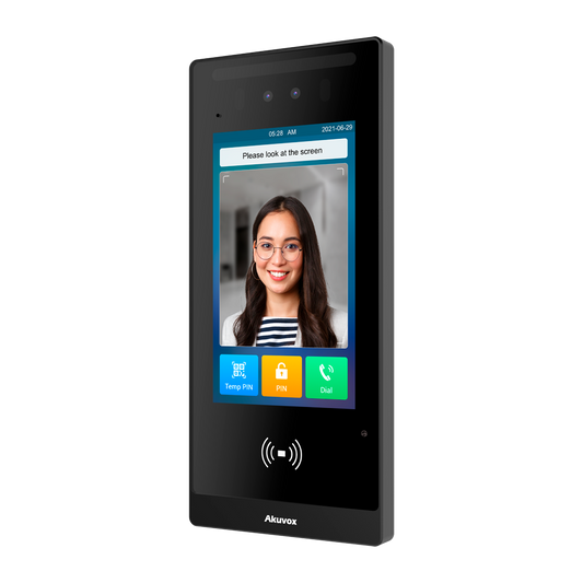 Pulsantiera Videocitofono Ip Akuvox AK-E18C con controllo accessiTelecamera 2 Mp | Audio bidirezionale Crystal ClearRiconoscimento facciale, scheda, NFC, BLE, QR e PIN | 2 relè20.000 utenti | PoE, SIP standardSchermo touch screen IPS da 7" 