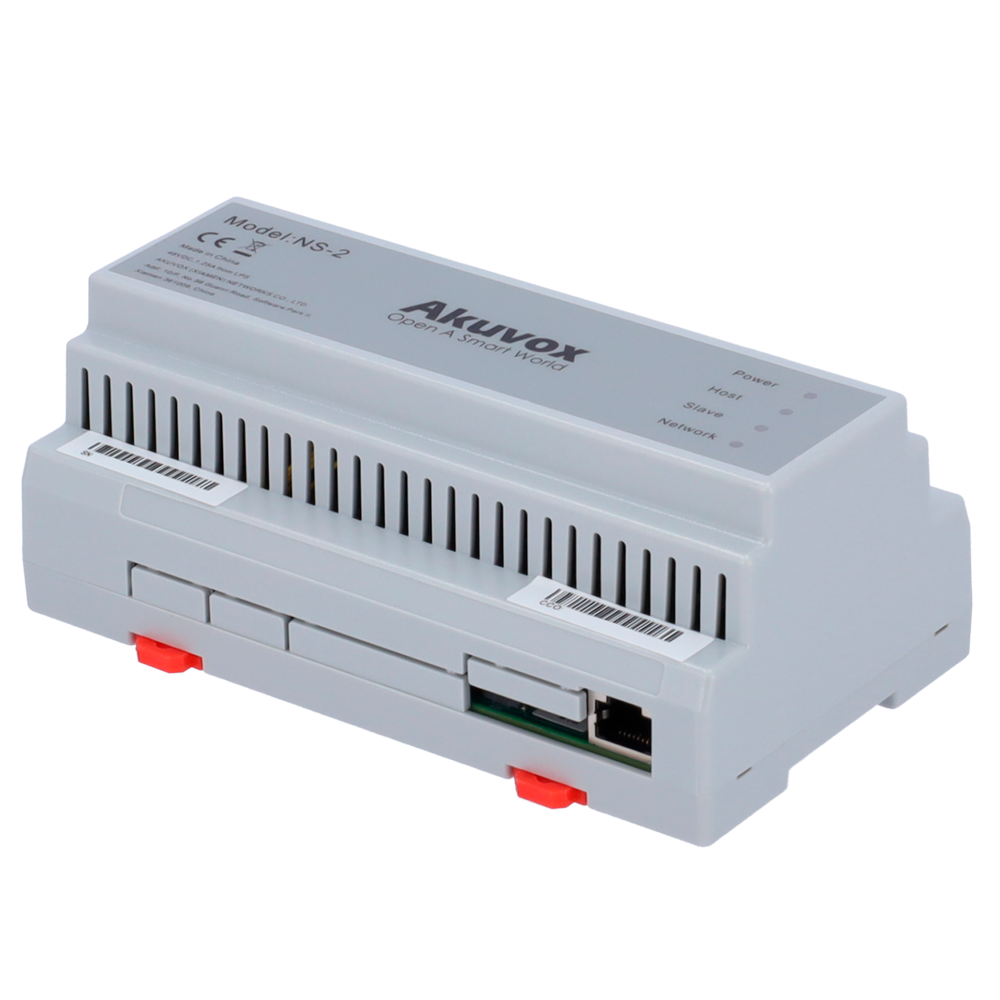 Accessori Akuvox AK-NS-2 Convertitore da 2 fili a IP6 gruppi di 2 filiTCP/IP con RJ45 Alimenta dispositivi a 2 fili Collegamento in cascata di convertitori Montaggio su guida DIN