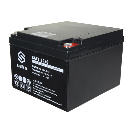 Batteria ricaricabile - Tecnologia piombo-acido AGM - Voltaggio 12 V - Capacità 26 Ah - 182 x 166 x 126 mm / 8400 g - Per backup o uso diretto - BATT-1226