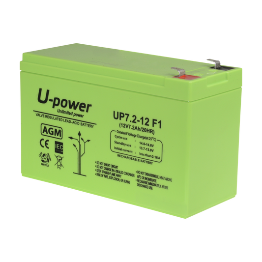 Upower - Batteria ricaricabile - Tecnologia piombo-acido AGM - Voltaggio 12 V - Capacità 7.2 Ah - 101 x 151 x 65 mm / 2180 g - Per backup o uso diretto - BATT-1272-U