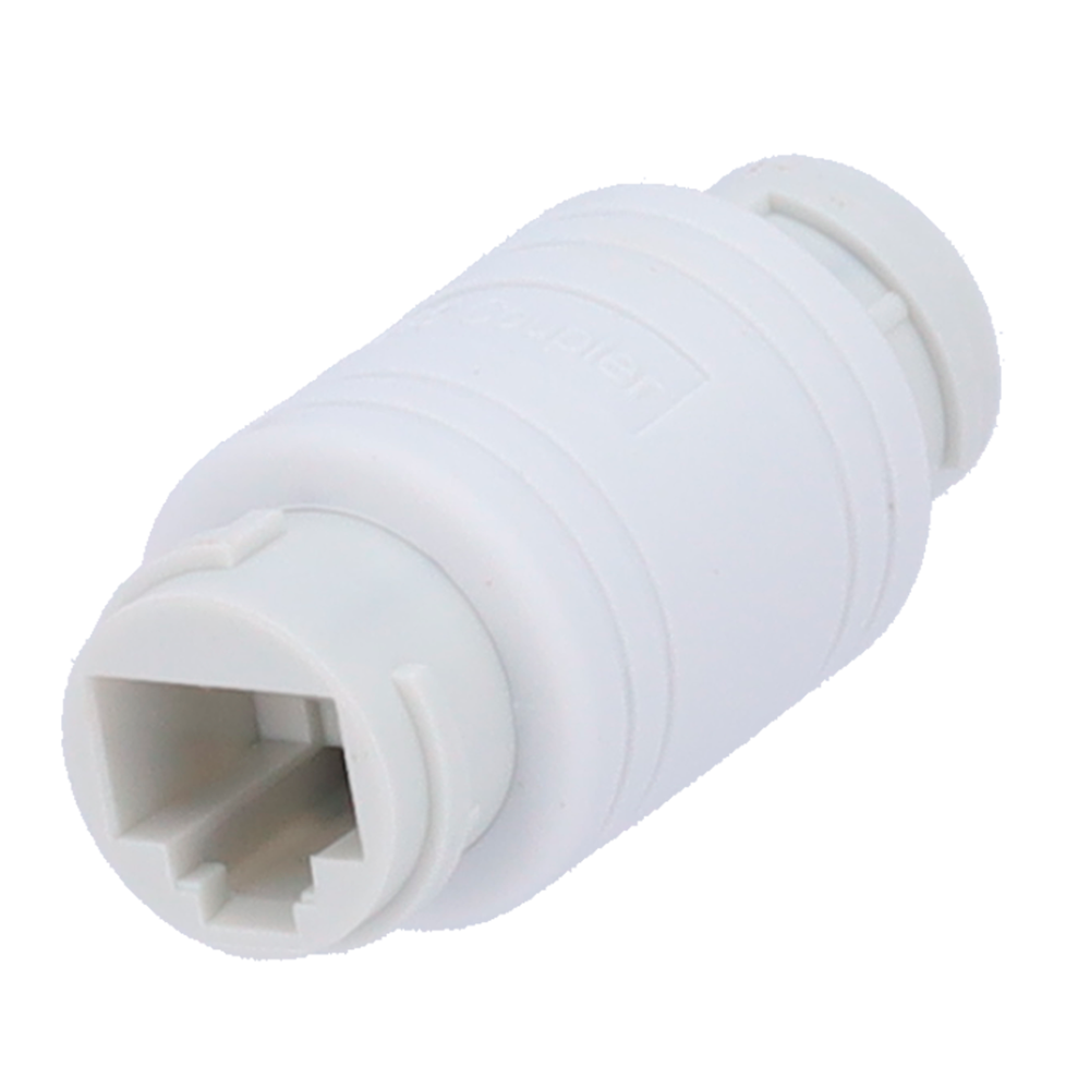 Connettore  - Connettore ingresso RJ45  - Connettore uscita RJ45 - Compatibile con UTP  - IP68 - Colore bianco