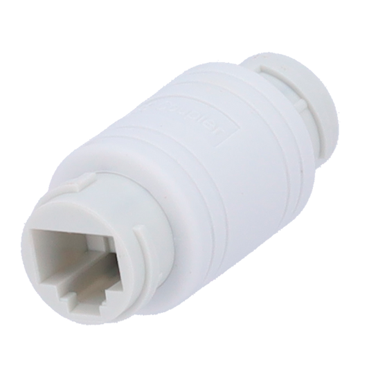 Connettore  - Connettore ingresso RJ45  - Connettore uscita RJ45 - Compatibile con UTP  - IP68 - Colore bianco