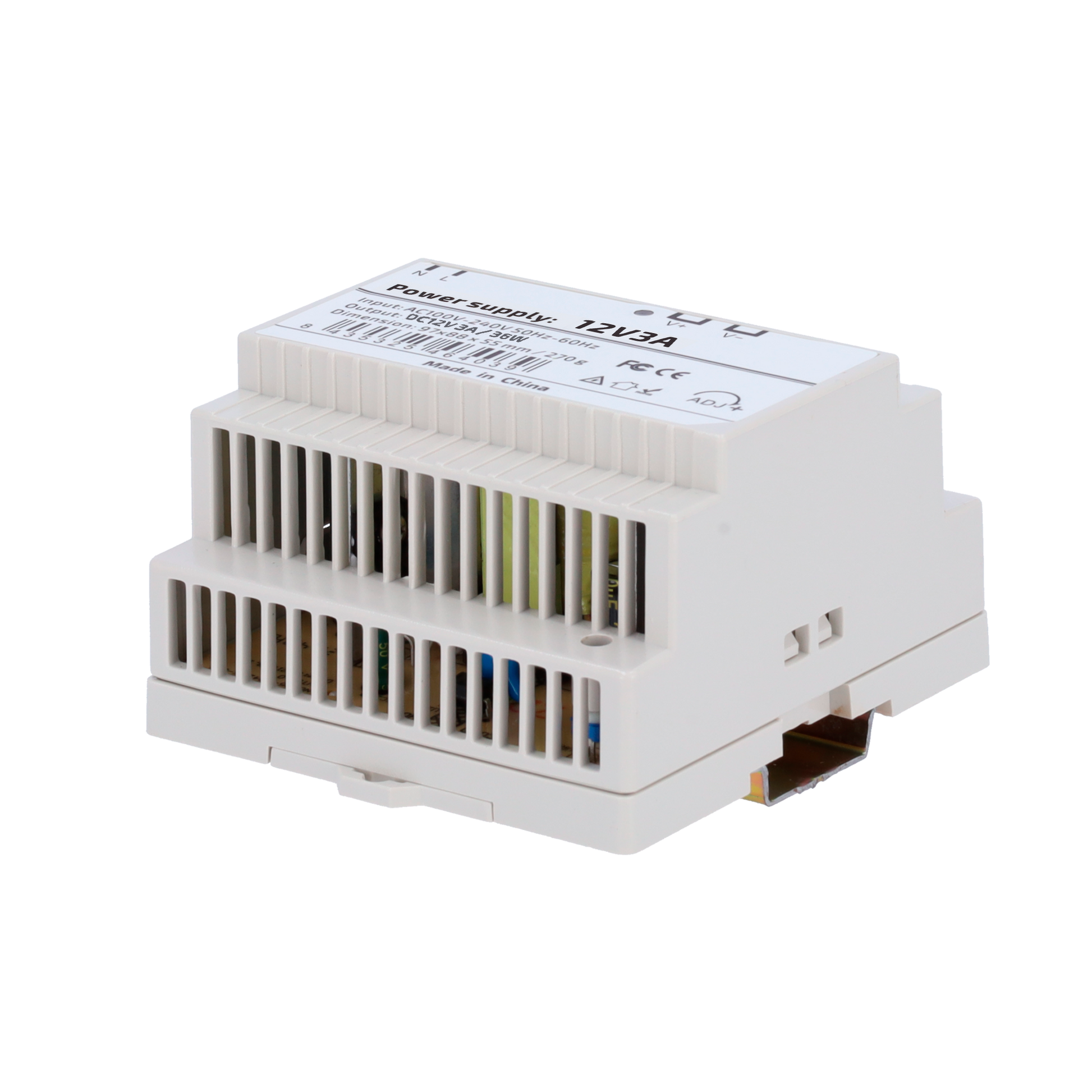 Alimentatore - uscita DC 12 V 3 A / 36 W - Tensione in ingresso AC 100V ~ 240V 50Hz-60Hz - 97 (P) x 55 (I) x 88 (H) mm - Montaggio su guida DIN - Protezione: Sovraccarico/Sovratensione/Cortocircuito - DC12V3A-DIN-P