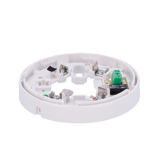 Base a basso profilo con Relè - Fino a 12VDC 0.5A / Terminale NO/NC/C - Compatibile con rilevatori V2 e a base alta - Necessario per l'installazione del rilevatore - Montaggio semplice - Possibilità  di bloccare il rilevatore alla base - Compatibile con led di attività 