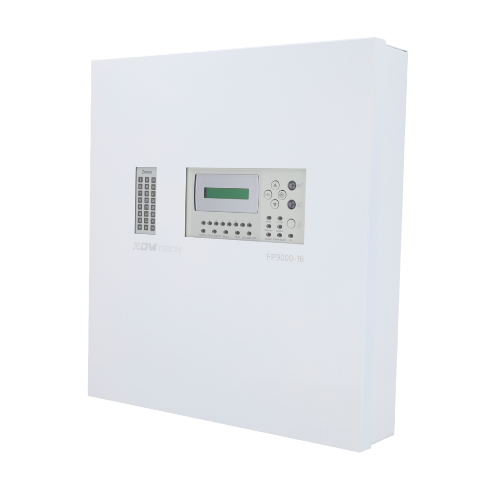 Centrale convenzionale di 16 zone con schermo LCD - 2 Uscita sirena - 2 uscite di allarme e guasto e 6 uscite relè configurabili - Uscita ripetitore - Fino a 30 rilevatori per zona - Rilevamento automatico della resistenza di fine linea