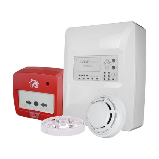 Kit centrale convenzionale di 4 zone - Rilevatore ottico di fumo - Base del rilevatore - Pulsante di reset - Fino a 32 rilevatori per zona - Sistema convenzionale
