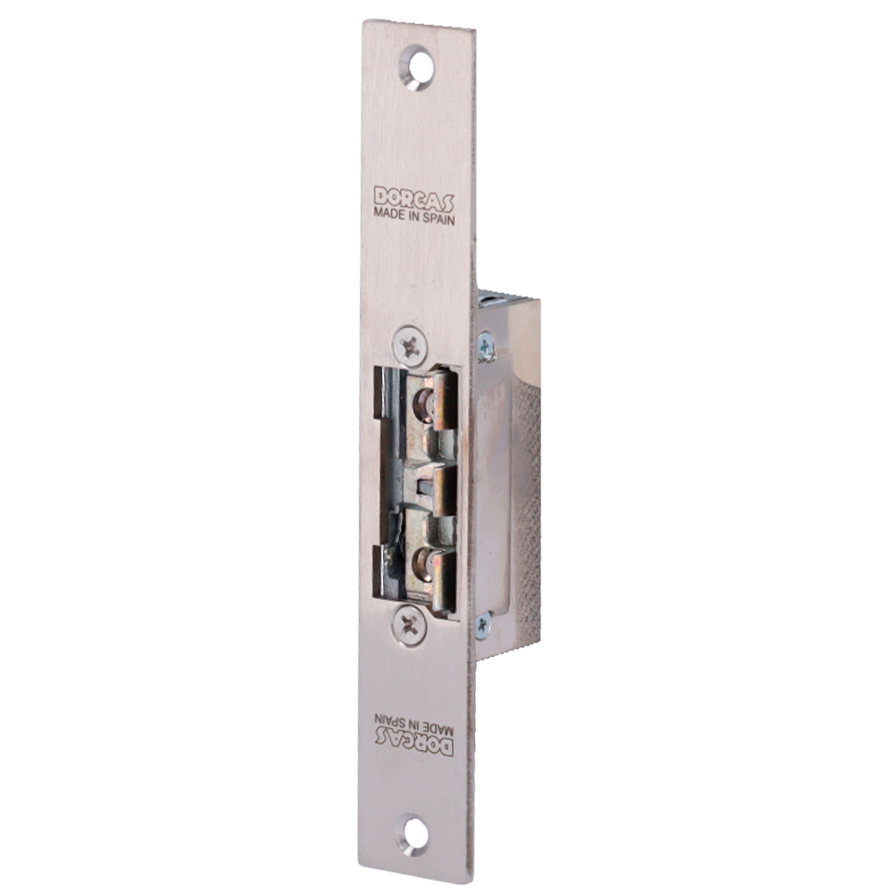 Apriporta elettrico Dorcas - Per porta singola | Scrocco radiale regolabile - Modo apertura Fail Secure (NO) - Forza di ritenzione 330 kg | Anteriore senza taglio - Alimentazione AC/DC 10-24V | Memoria - Montaggio ad incasso | Passaggio libero