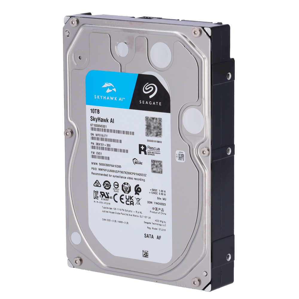 Hard Disk Seagate Skyhawk - Capacità  10 TB - Interfaccia SATA 6 GB/s - Fino a 32 trasmissioni di intelligenza artificiale - Modello ST10000VE0008 - Speciale per videoregistratore di rete (NVR)