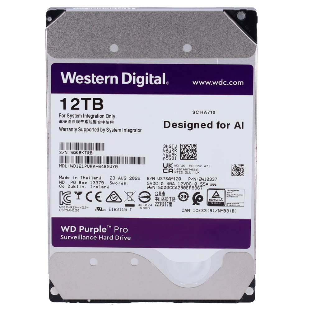 Hard Disk Western Digital - Capacità  12 TB - Interfaccia SATA 6 GB/s - Modello WD121PURZ-64B5UY0 - Speciale per Videoregistratori - Da solo o installato su DVR