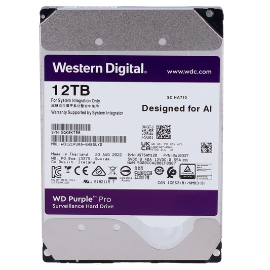 Hard Disk Western Digital - Capacità  12 TB - Interfaccia SATA 6 GB/s - Modello WD121PURZ-64B5UY0 - Speciale per Videoregistratori - Da solo o installato su DVR