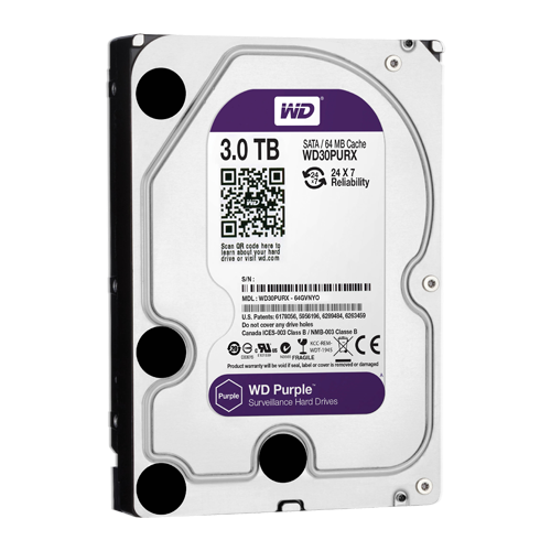 Hard Disk - Capacità  3 TB - Interfaccia SATA 6 GB/s - Modello WD30PURX - Speciale per Videoregistratori - Da solo o installato su DVR