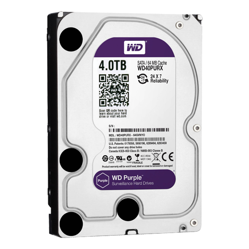 Hard Disk - Capacità  4 TB - Interfaccia SATA 6 GB/s - Modello WD40PURX - Speciale per Videoregistratori - Da solo o installato su DVR