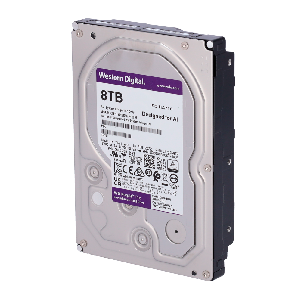 Hard Disk Western Digital - Capacità  8 TB - Interfaccia SATA 6 GB/s - Modello WD8001PURA - Progettato per video intelligenti 24/7 - Supporta fino a 64 telecamere HD 