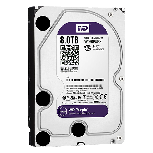 Hard Disk Western Digital - Capacità  8 TB - Interfaccia SATA 6 GB/s - Modello WD80PURX - Speciale per Videoregistratori - Da solo o installato su DVR