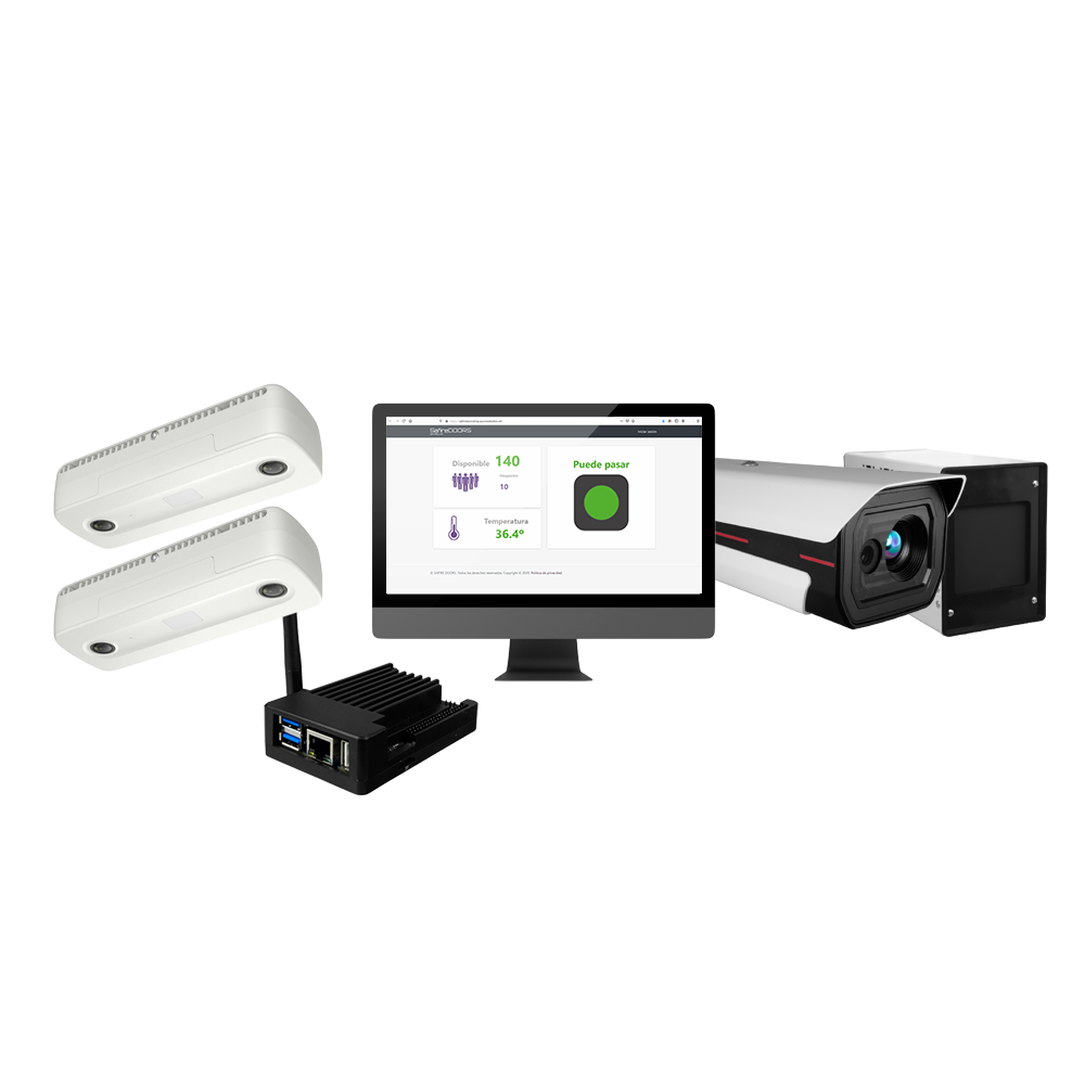 Controllo Affluenza Multi-Room e Temperatura - 2 x Telecamere di Conteggio Persone - 1 x KIT-BODYTEMP-BLACKBODY - PC con software Safire Doors Pro Temp - Report personalizzati - Notifiche di allarme