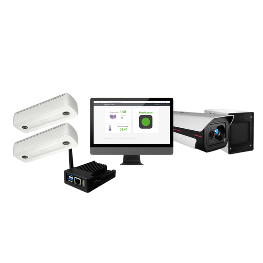 Controllo Affluenza Multi-Room e Temperatura - 2 x Telecamere di Conteggio Persone - 1 x KIT-BODYTEMP-BLACKBODY - PC con software Safire Doors Pro Temp - Report personalizzati - Notifiche di allarme