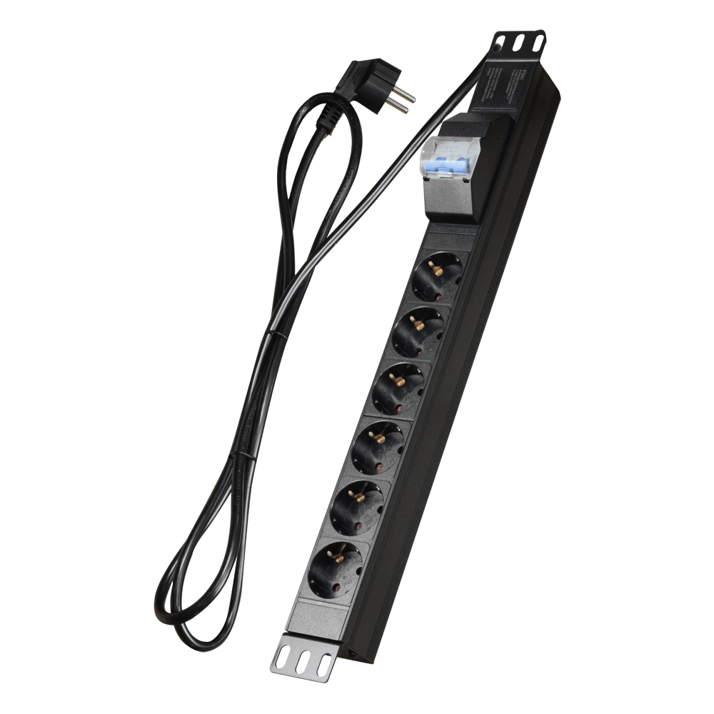 Presa di corrente multipla - Progettata per rack standard da 19" - 6 uscite fino a 250VAC / 16 A max. - Dimensione 1U per facilitare l'installazione - Interruttore automatico di sicurezza - Colore nero - PDU-6PN