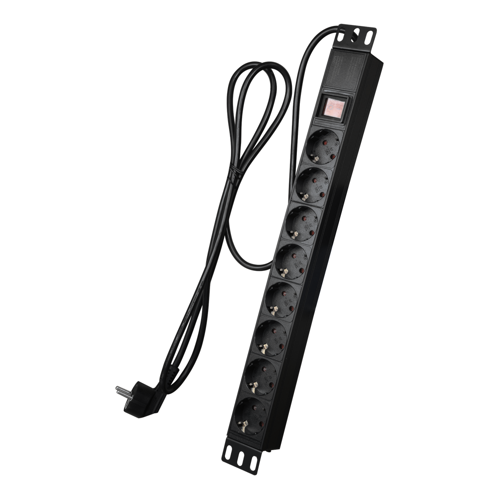 Presa di corrente multipla - Formato per rack 1U - 8 uscite fino a 250VAC / 16 A max. - Interruttore on/off - Colore nero