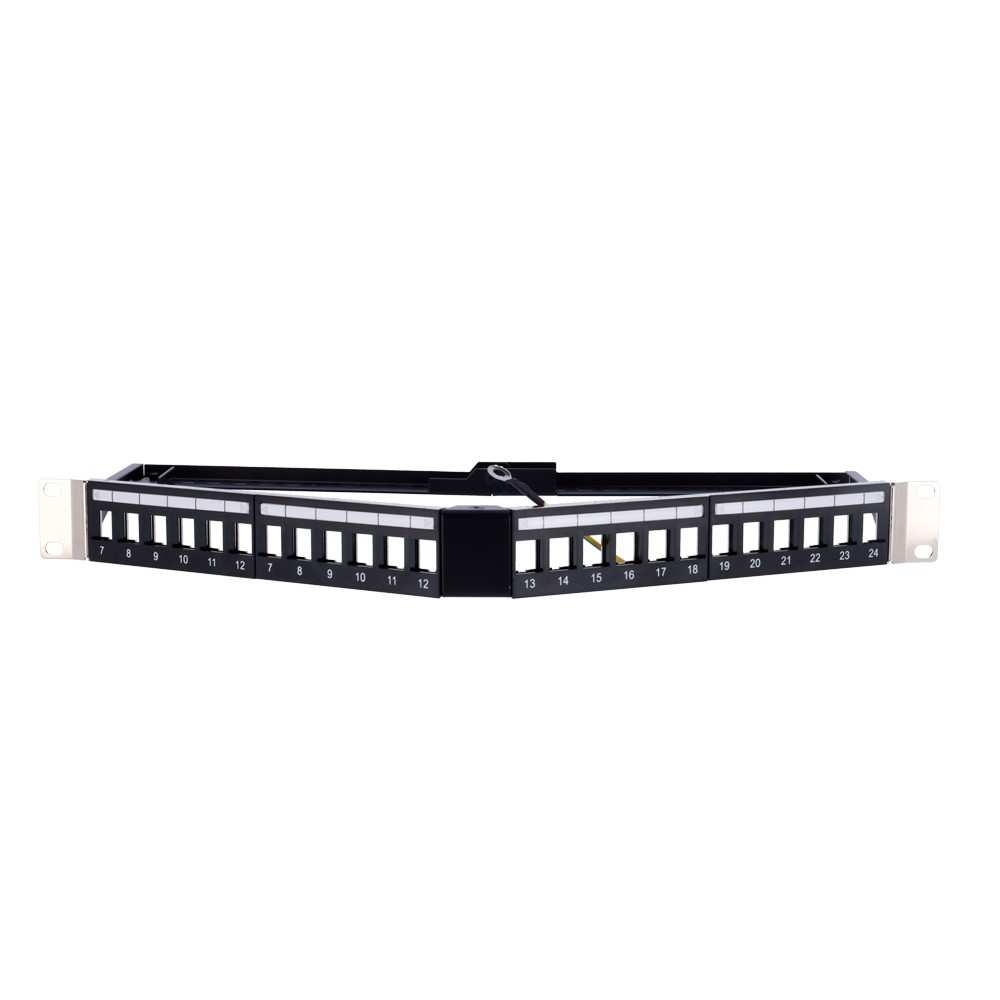 Patch panel angolare vuoto - 24 porte FTP - Formato per rack 1U - Senza elettronica - Barra per fissaggio cavi inclusa - Con cavo di messa a terra - PP-A24FTP