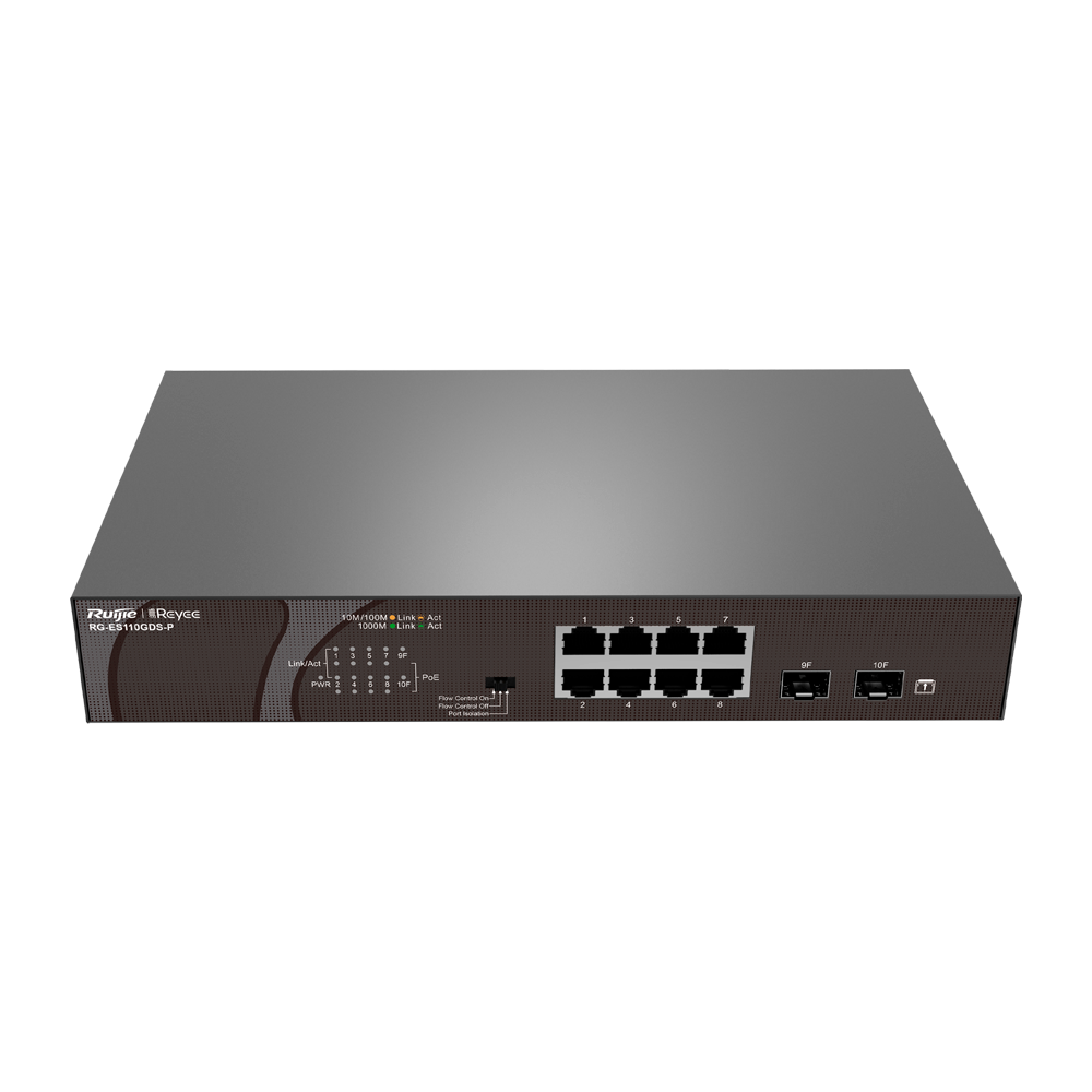 Reyee Switch PoE da Tavolo - 8 Porte RJ45 + 2 Uplink SFP - 8 Porte Gigabit + 2 Porte Gigabit - 8 Porte PoE+ 802.3af/at | Potenza totale 120W - Isolamento porte / Controllo del flusso - Include staffe per montaggio a Rack
