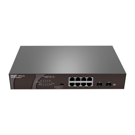 Reyee Switch PoE da Tavolo - 8 Porte RJ45 + 2 Uplink SFP - 8 Porte Gigabit + 2 Porte Gigabit - 8 Porte PoE+ 802.3af/at | Potenza totale 120W - Isolamento porte / Controllo del flusso - Include staffe per montaggio a Rack