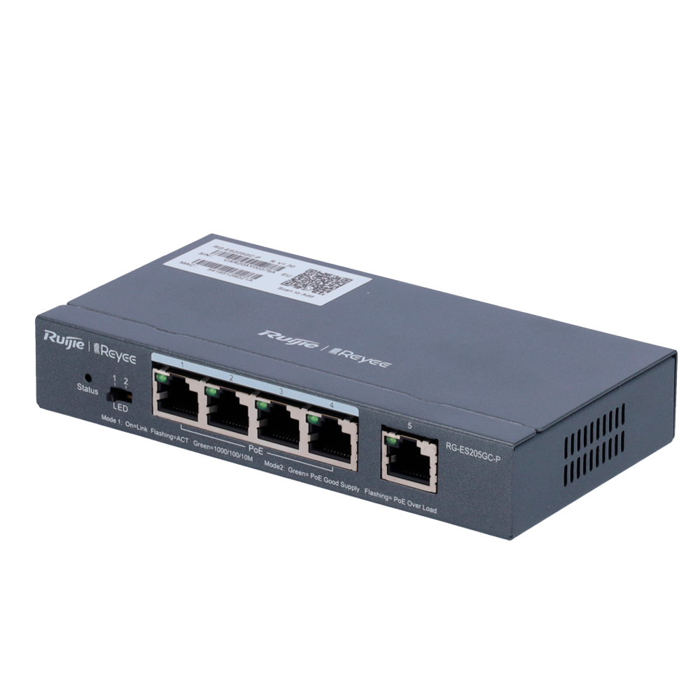 Reyee Switch PoE Cloud Managed - 4 porte PoE 802.3af/at + 1 Uplink RJ45 - 4 RJ45 10/100/1000Mbps + 1 RJ45 10/100/1000Mbps - 30W per porta 802.3af/at / Massimo 54W - VLAN/Port Isolation/Loop Detection - Limite di Velocità  della Porta