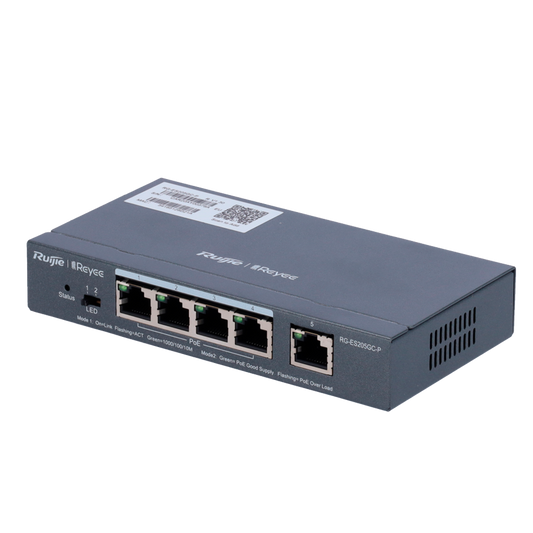 Reyee Switch PoE Cloud Managed - 4 porte PoE 802.3af/at + 1 Uplink RJ45 - 4 RJ45 10/100/1000Mbps + 1 RJ45 10/100/1000Mbps - 30W per porta 802.3af/at / Massimo 54W - VLAN/Port Isolation/Loop Detection - Limite di Velocità  della Porta