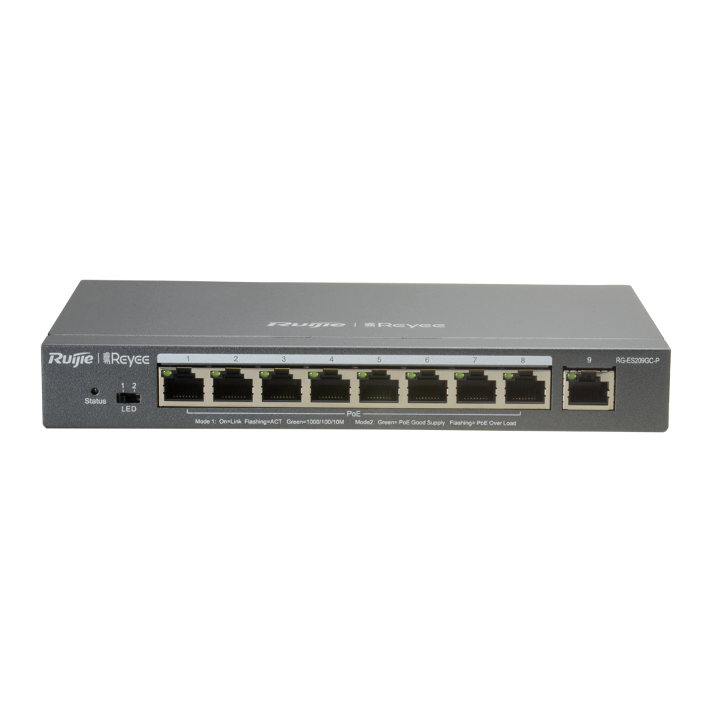 Reyee Switch PoE Cloud Managed - 8 porte PoE 802.3af/at + 1 Uplink RJ45 - 8 RJ45 10/100/1000Mbps + 1 RJ45 10/100/1000Mbps - 30W per porta 802.3af/at / Massimo 120W - VLAN/Port Isolation/Loop Detection - Limite di Velocità  della Porta