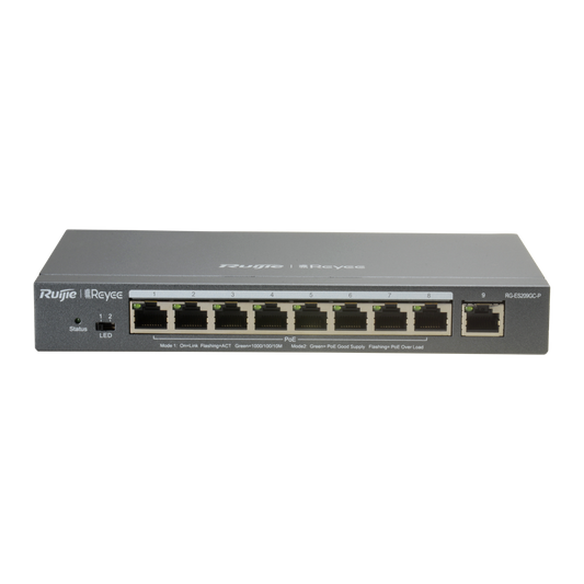 Reyee Switch PoE Cloud Managed - 8 porte PoE 802.3af/at + 1 Uplink RJ45 - 8 RJ45 10/100/1000Mbps + 1 RJ45 10/100/1000Mbps - 30W per porta 802.3af/at / Massimo 120W - VLAN/Port Isolation/Loop Detection - Limite di Velocità  della Porta