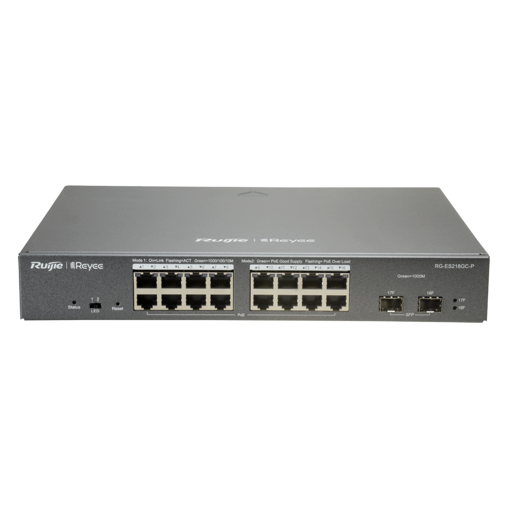 Reyee Switch PoE Cloud Managed - 16 porte PoE 802.3af/at + 2 SFP - 16 RJ45 10/100/1000Mbps + 2 SFP 10/100/1000Mbps - 30W per porta 802.3af/at / Massimo 240W - VLAN/Port Isolation/Loop Detection - Limite di Velocità  della Porta