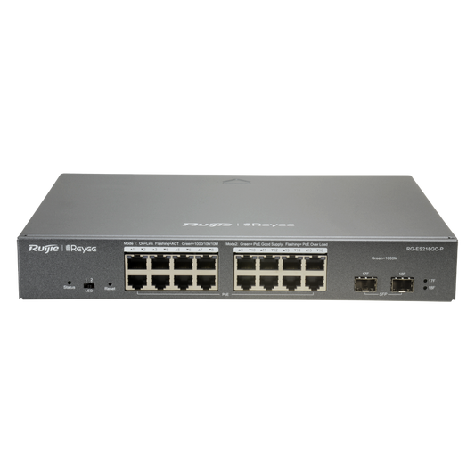 Reyee Switch PoE Cloud Managed - 16 porte PoE 802.3af/at + 2 SFP - 16 RJ45 10/100/1000Mbps + 2 SFP 10/100/1000Mbps - 30W per porta 802.3af/at / Massimo 240W - VLAN/Port Isolation/Loop Detection - Limite di Velocità  della Porta