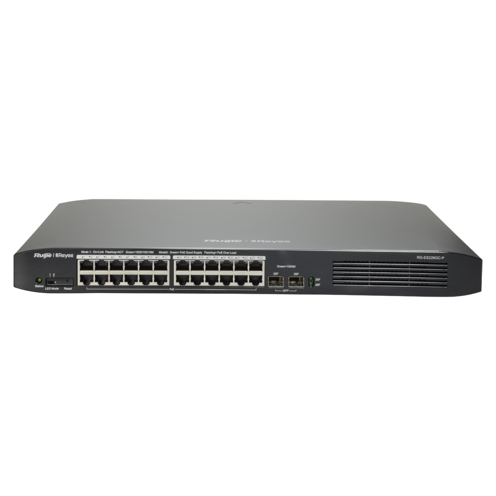 Reyee Switch PoE Cloud Managed - 24 porte PoE 802.3af/at + 2 SFP - 24 RJ45 10/100/1000Mbps + 2 SFP 10/100/1000 - 30W per porta 802.3af/at / Massimo 370W - VLAN/Port Isolation/Loop Detection - Limite di Velocità  della Porta
