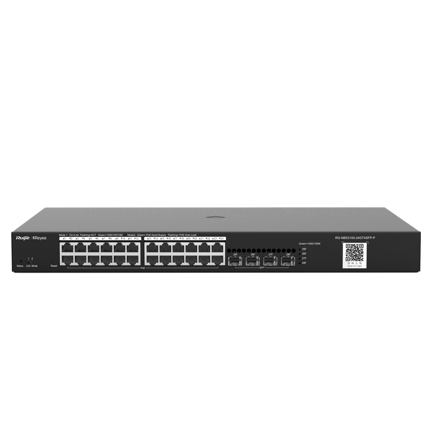 Reyee Switch PoE Cloud Layer  2 - 24 porte PoE Gigabit+ 4 SFP Gigabit - 30W per porta 802.3af/at / Massimo 370W - Static LAG/DHCP Snooping/IGMP Snooping/Port Mirroring - VLAN/Port Isolation/STP/RSTP/ACL/QoS - Montaggio su rack