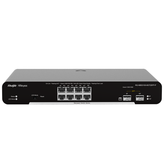 Reyee Switch PoE Cloud Layer  2 - 8 porte PoE+ Gigabit+ 2 SFP Gigabit - 30W per porta 802.3af/at / Massimo 125W - Static LAG/DHCP Snooping/IGMP Snooping/Port Mirroring - VLAN/Port Isolation/STP/RSTP/ACL/QoS - Montaggio su rack