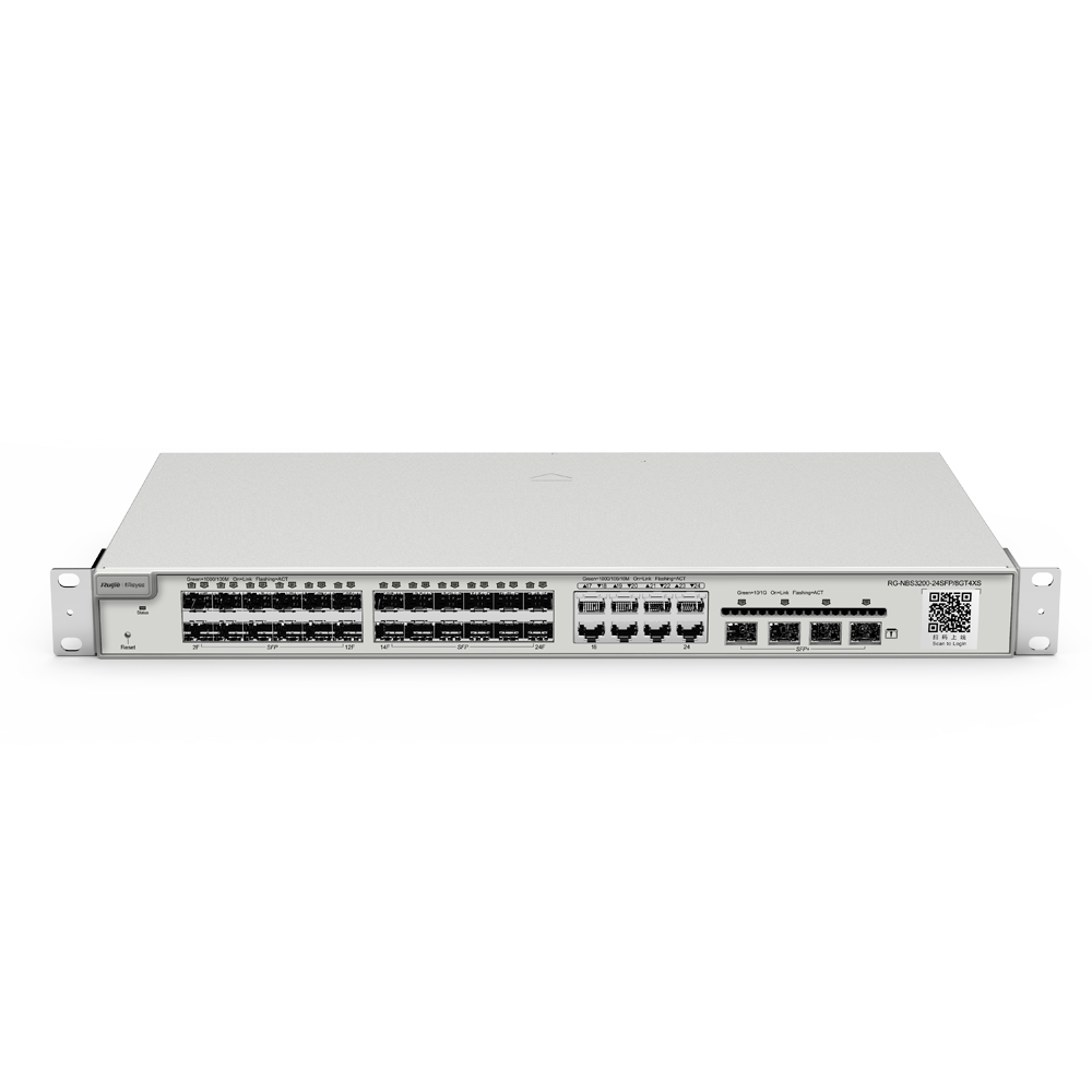 Reyee Switch Cloud Gestibile L2 - 24 porte SFP + 8 Combo RJ45/SFP + 4 SFP+ - (24 + 8) 10/100/1000 Mbps + 4 SFP+ 10 Gbps - VLAN/Port Isolation/STP/RSTP/ACL/QoS - Static LAG/DHCP Snooping/IGMP Snooping/Port Mirroring - Montaggio su rack