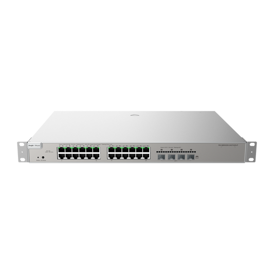 Reyee Switch PoE Cloud Layer  3 - 24 porte PoE RJ45 Gigabit + 4 SFP+ 10Gb - 30W per porta 802.3af/at / Massimo 370W - Static LAG/DHCP Snooping/IGMP Snooping/Port Mirroring - VLAN/Porta Isolation/STP/RSTP/ACL/QoS/802.1X - Server DHCP/Rotte statiche/RIP/OSPF/SNMP