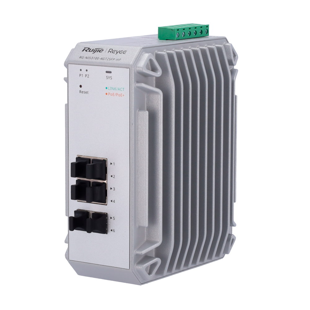 Reyee Switch Industriale PoE Cloud Layer 2 - 4 porte PoE+ Gigabit + 2 porte SFP Gigabit - 30W per porta 802.3af/at / Massimo 120W - Static LAG/DHCP Snooping/IGMP Snooping/Port Mirroring - VLAN/Loop Prevention/STP/RSTP/ACL/Watchdog - Montaggio su guida DIN