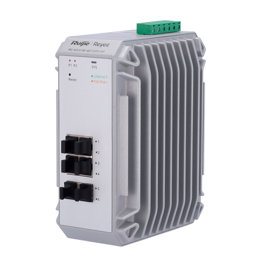 Reyee Switch Industriale PoE Cloud Layer 2 - 4 porte PoE+ Gigabit + 2 porte SFP Gigabit - 30W per porta 802.3af/at / Massimo 120W - Static LAG/DHCP Snooping/IGMP Snooping/Port Mirroring - VLAN/Loop Prevention/STP/RSTP/ACL/Watchdog - Montaggio su guida DIN