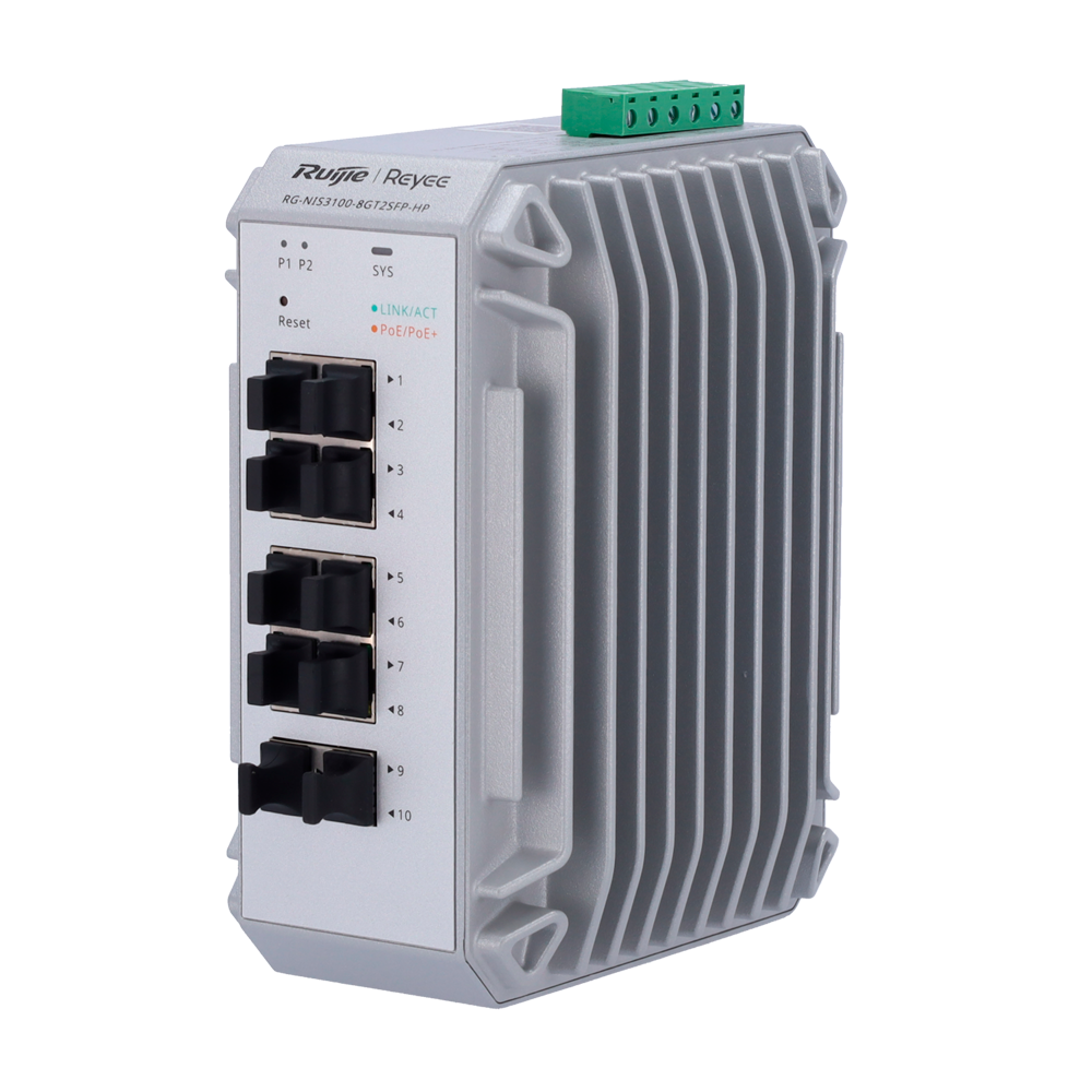 Reyee Switch Industriale PoE Cloud Layer 2 - 8 porte PoE+ Gigabit + 2 porte SFP Gigabit - 30W per porta 802.3af/at / Massimo 240W - Static LAG/DHCP Snooping/IGMP Snooping/Port Mirroring - VLAN/Loop Prevention/STP/RSTP/ACL/Watchdog - Montaggio su guida DIN