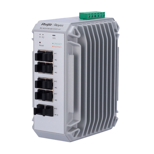 Reyee Switch Industriale PoE Cloud Layer 2 - 8 porte PoE+ Gigabit + 2 porte SFP Gigabit - 30W per porta 802.3af/at / Massimo 240W - Static LAG/DHCP Snooping/IGMP Snooping/Port Mirroring - VLAN/Loop Prevention/STP/RSTP/ACL/Watchdog - Montaggio su guida DIN