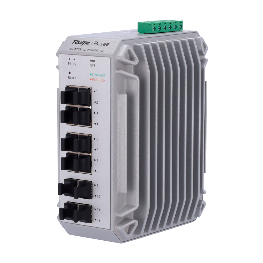 Reyee Switch Industriale PoE Cloud Layer 2 - 8 porte PoE+ Gigabit + 4 porte SFP Gigabit - 30W per porta 802.3af/at / Massimo 240W - Static LAG/DHCP Snooping/IGMP Snooping/Port Mirroring - VLAN/Loop Prevention/STP/RSTP/ACL/Watchdog - Montaggio su guida DIN